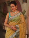 Banarasee Handwoven Mirror Work Crushed Tissue Saree With Contrast Border-Yellow & Green