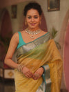 Banarasee Handwoven Mirror Work Crushed Tissue Saree With Contrast Border-Yellow & Green