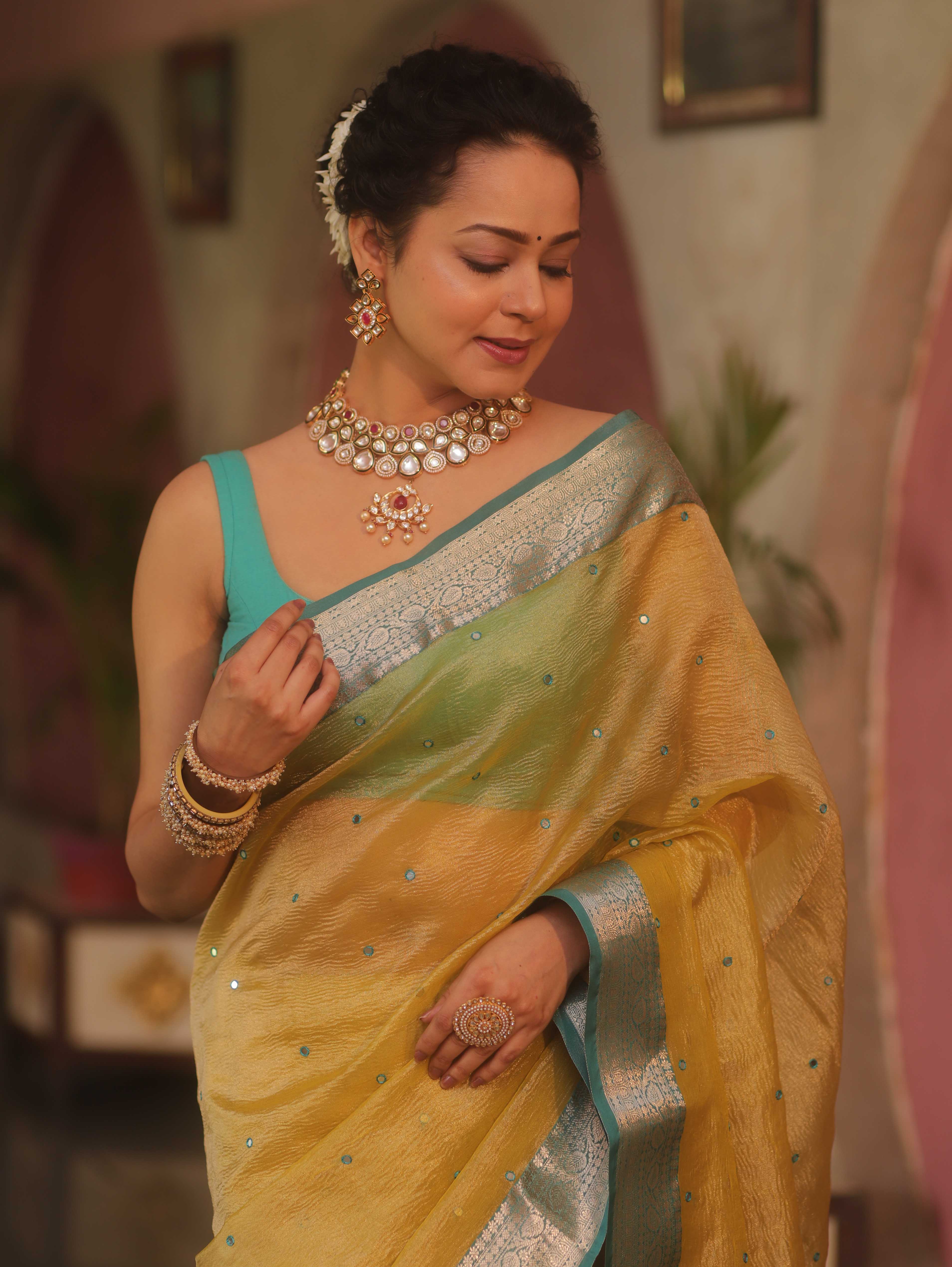 Banarasee Handwoven Mirror Work Crushed Tissue Saree With Contrast Border-Yellow & Green