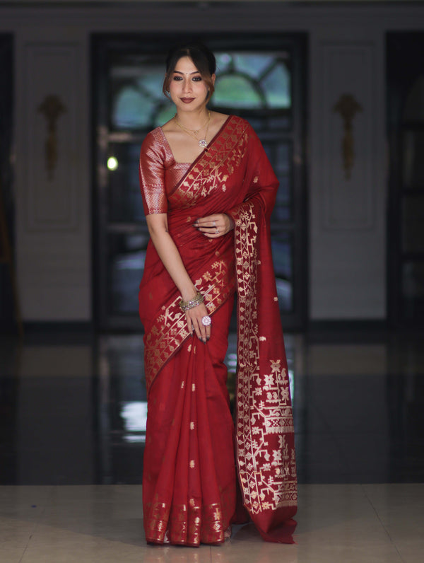 Banarasee Handloom Cotton Silk Saree With Zari Buti Deign & Geometric Border-Maroon