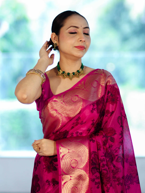 Banarasee Handloom Semi Silk Saree With Digital Printed Design & Zari Woven Border-Pink