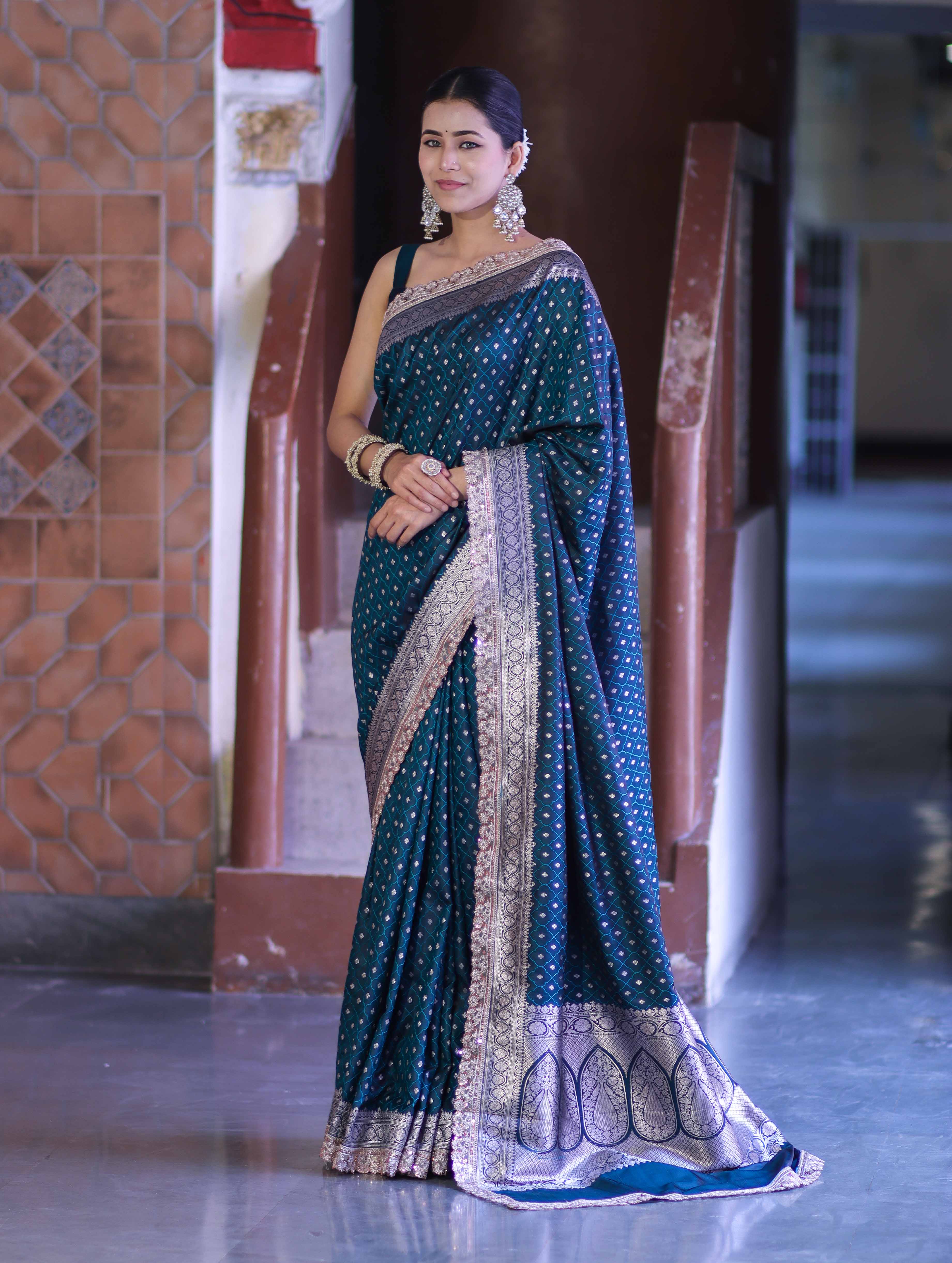 Banarasee Handloom Mashru Silk Saree With Zari Buti Design & Lace Border-Teal Green