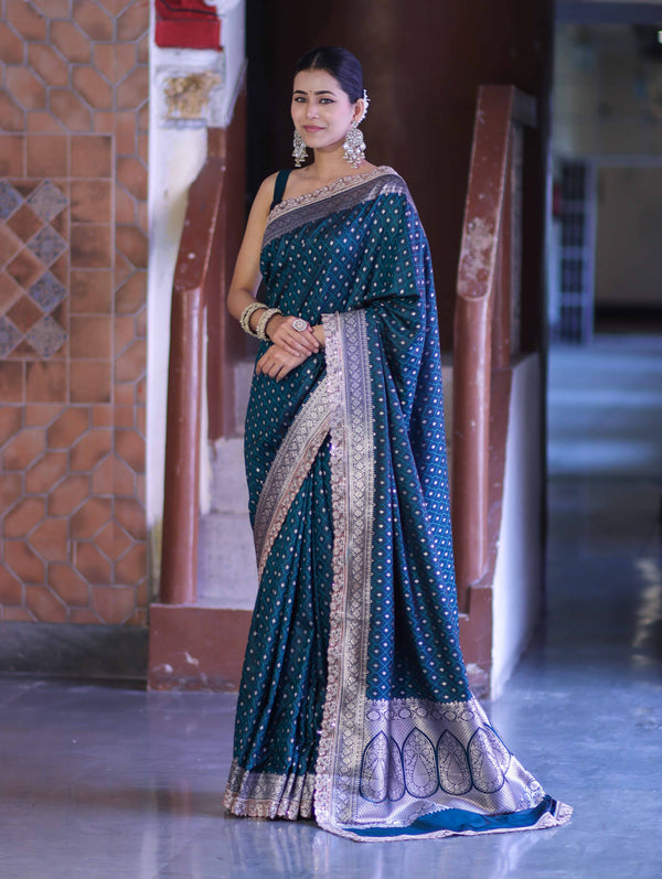 Banarasee Handloom Mashru Silk Saree With Zari Buti Design & Lace Border-Teal Green