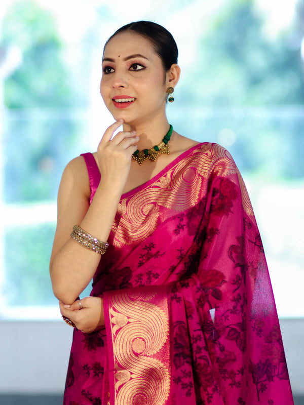 Banarasee Handloom Semi Silk Saree With Digital Printed Design & Zari Woven Border-Pink