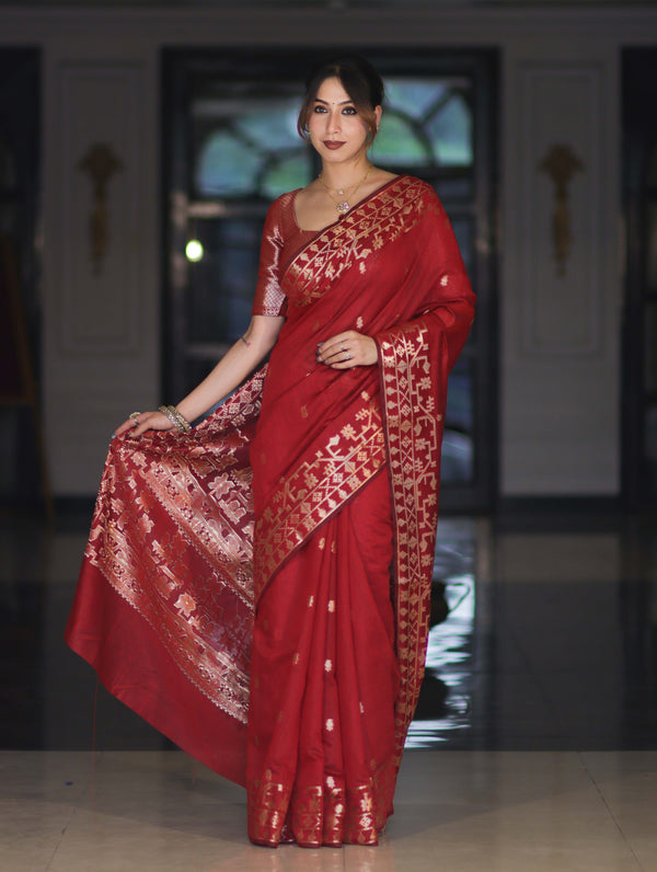 Banarasee Handloom Cotton Silk Saree With Zari Buti Deign & Geometric Border-Maroon