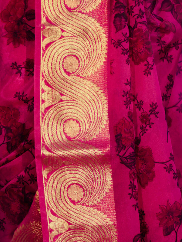 Banarasee Handloom Semi Silk Saree With Digital Printed Design & Zari Woven Border-Pink