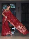 Banarasee Handloom Cotton Silk Saree With Zari Buti Deign & Geometric Border-Maroon