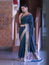 Banarasee Handloom Mashru Silk Saree With Zari Buti Design & Lace Border-Teal Green