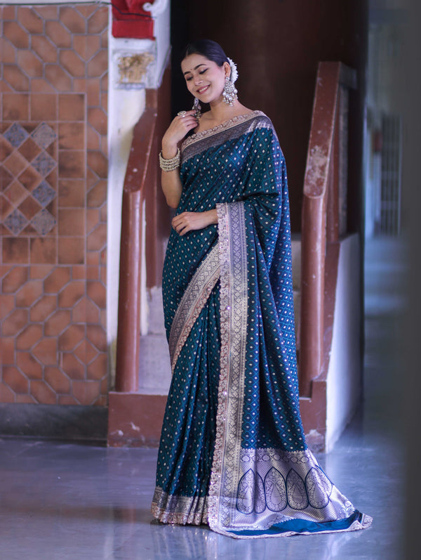 Banarasee Handloom Mashru Silk Saree With Zari Buti Design & Lace Border-Teal Green