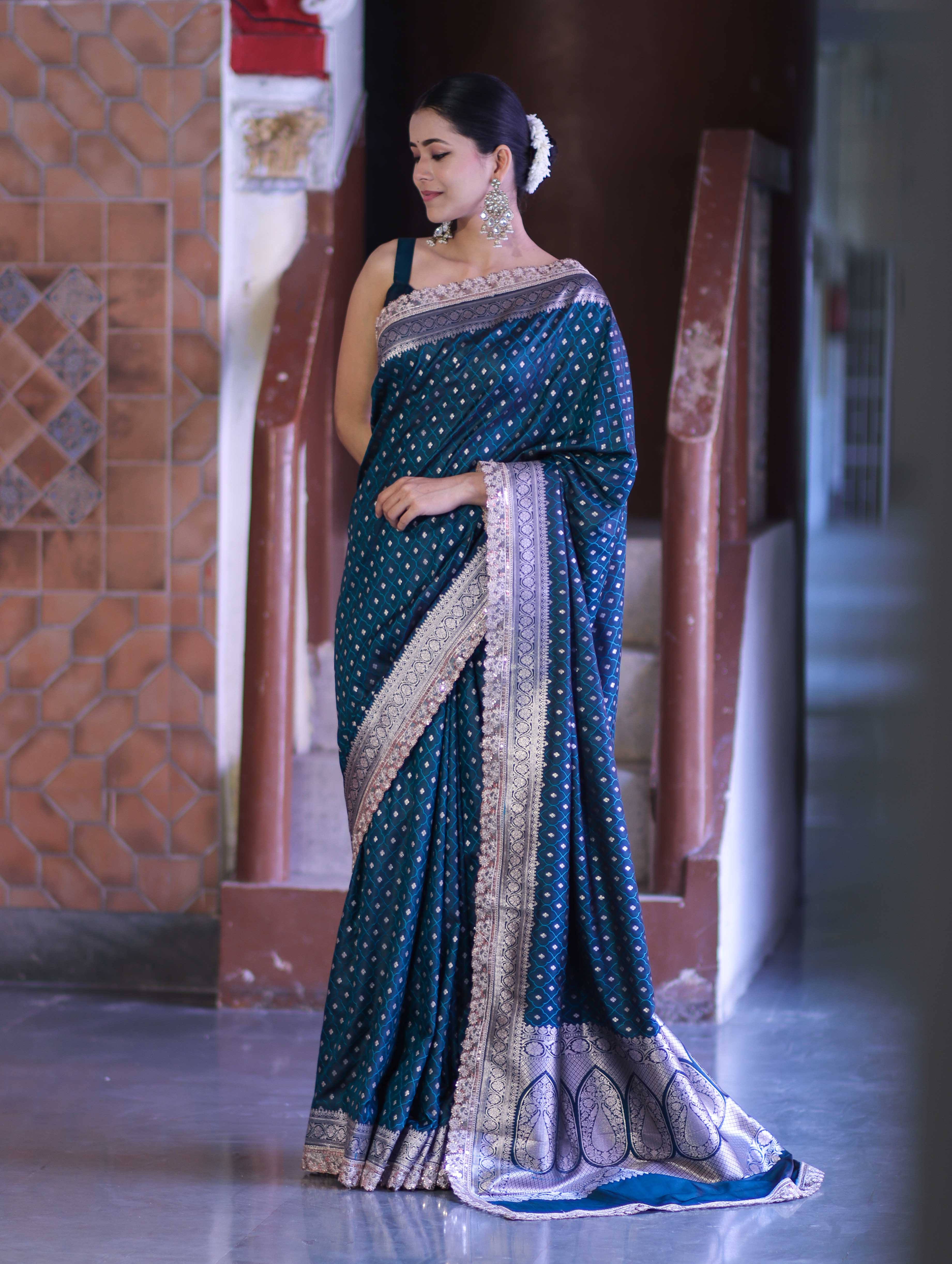 Banarasee Handloom Mashru Silk Saree With Zari Buti Design & Lace Border-Teal Green