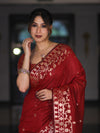 Banarasee Handloom Cotton Silk Saree With Zari Buti Deign & Geometric Border-Maroon