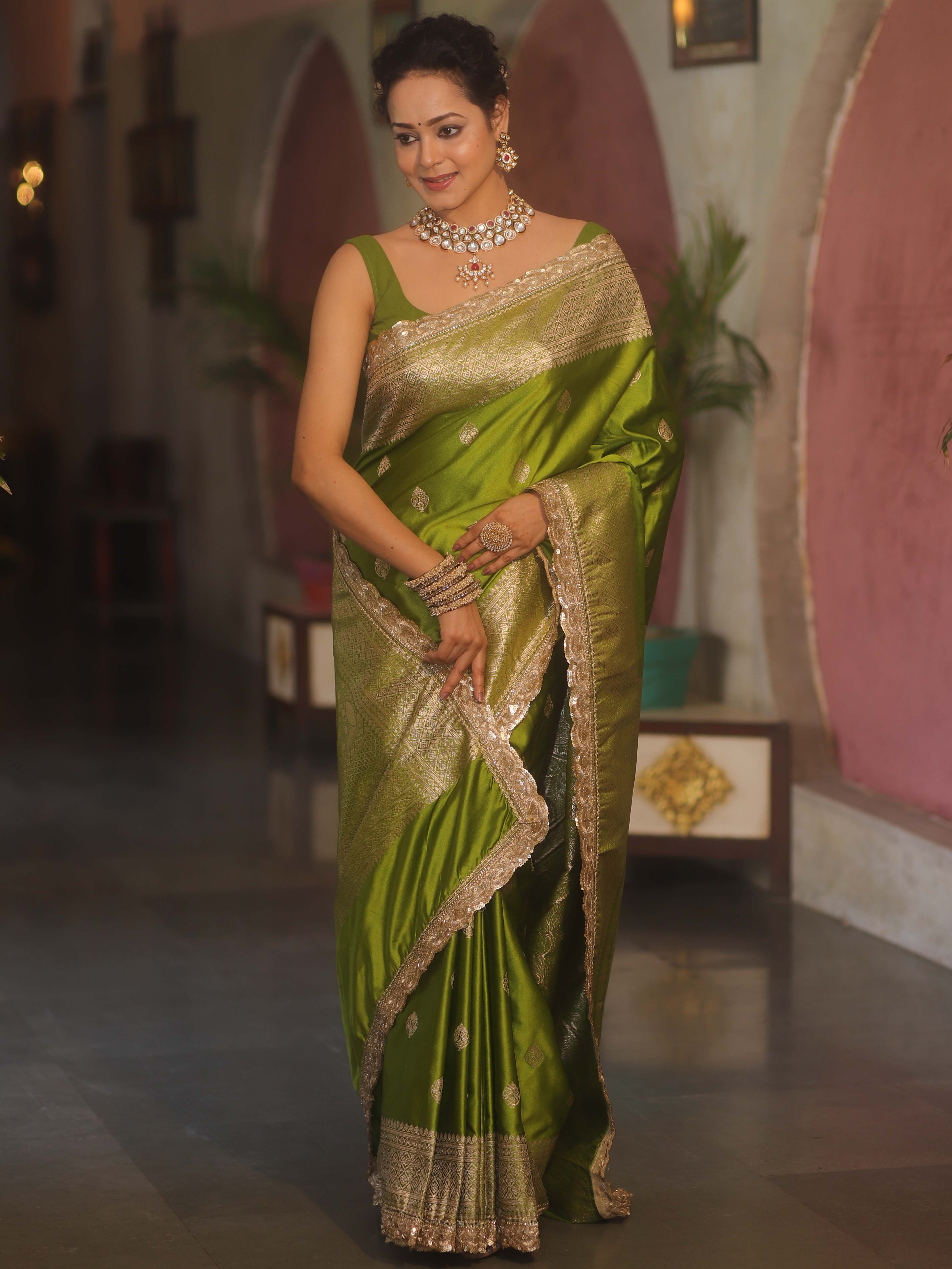 Banarasee Handloom Mashru Silk Saree Zari Border With Lace-Henna Green