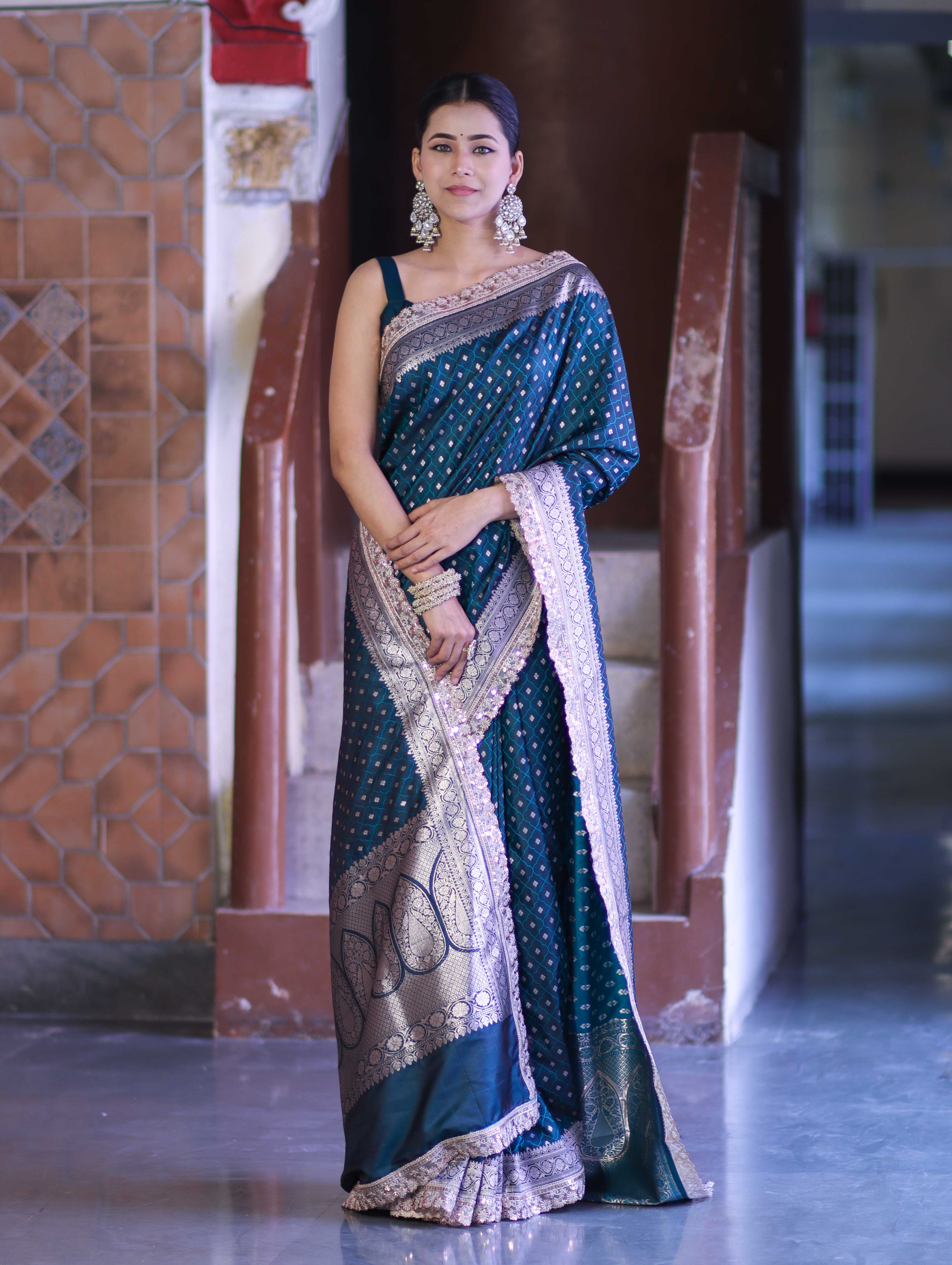 Banarasee Handloom Mashru Silk Saree With Zari Buti Design & Lace Border-Teal Green