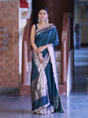 Banarasee Handloom Mashru Silk Saree With Zari Buti Design & Lace Border-Teal Green