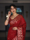 Banarasee Handloom Cotton Silk Saree With Zari Buti Deign & Geometric Border-Maroon