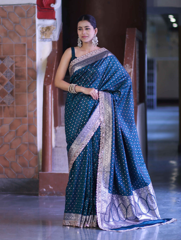 Banarasee Handloom Mashru Silk Saree With Zari Buti Design & Lace Border-Teal Green