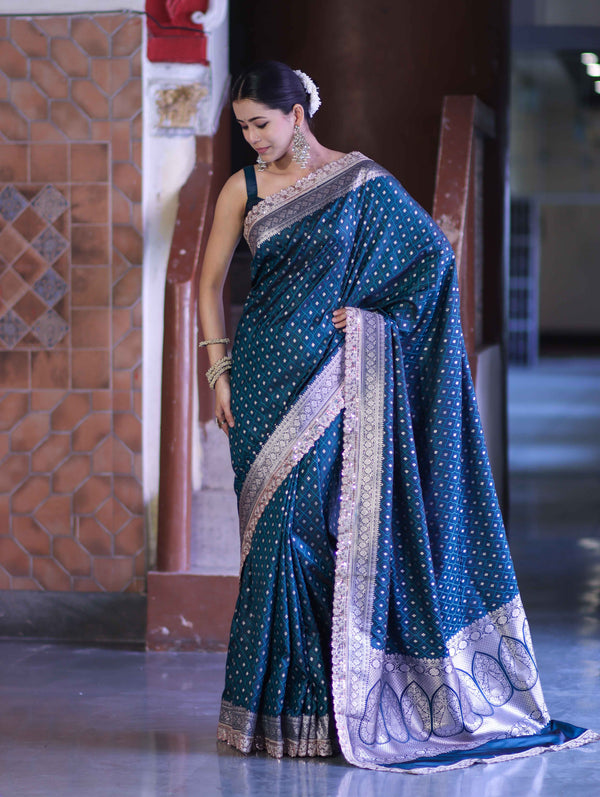 Banarasee Handloom Mashru Silk Saree With Zari Buti Design & Lace Border-Teal Green