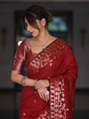 Banarasee Handloom Cotton Silk Saree With Zari Buti Deign & Geometric Border-Maroon