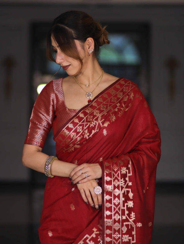Banarasee Handloom Cotton Silk Saree With Zari Buti Deign & Geometric Border-Maroon