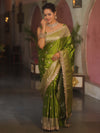 Banarasee Handloom Mashru Silk Saree Zari Border With Lace-Henna Green