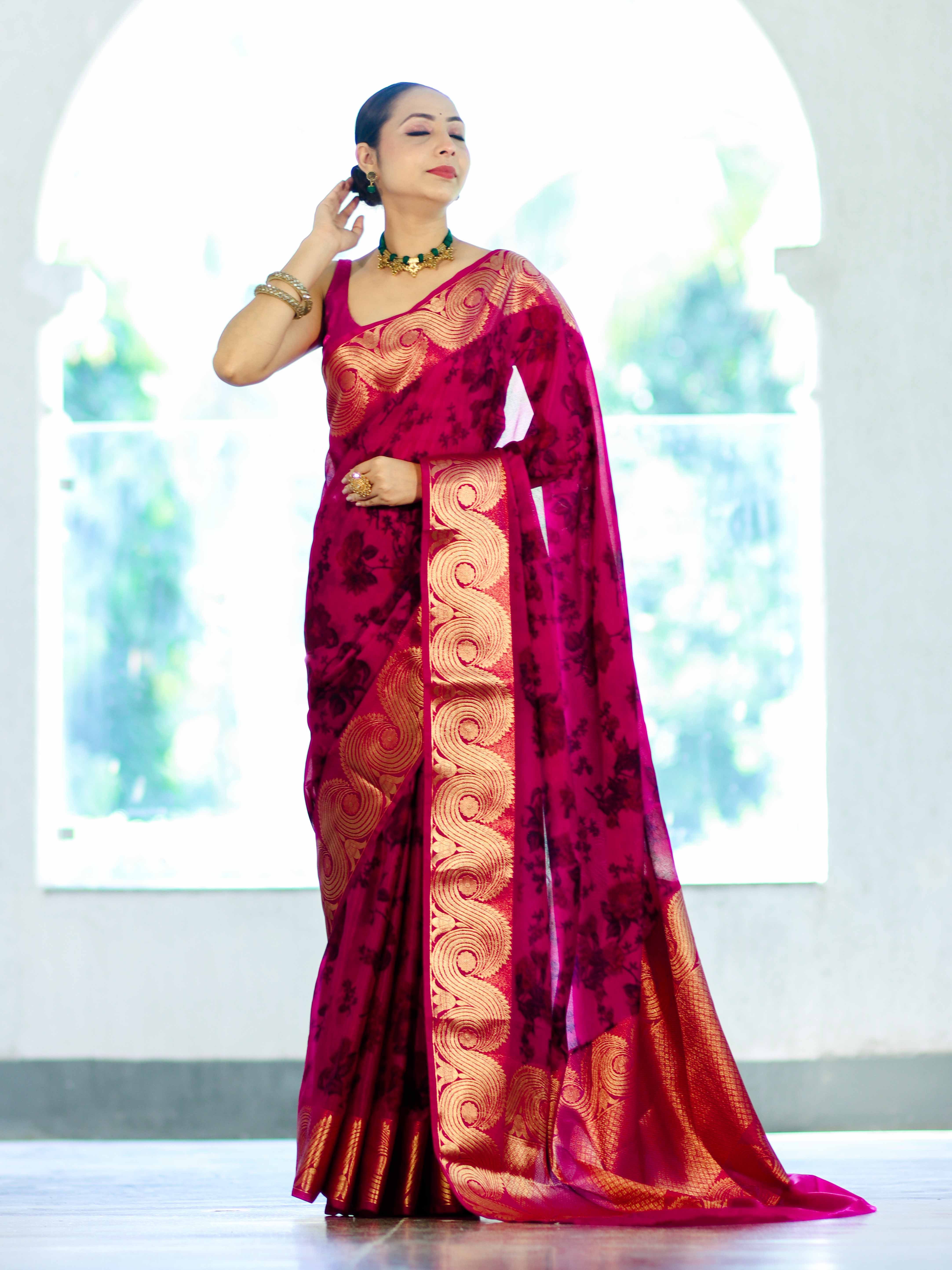 Banarasee Handloom Semi Silk Saree With Digital Printed Design & Zari Woven Border-Pink