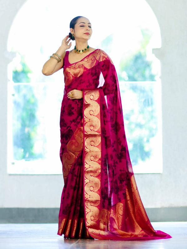 Banarasee Handloom Semi Silk Saree With Digital Printed Design & Zari Woven Border-Pink