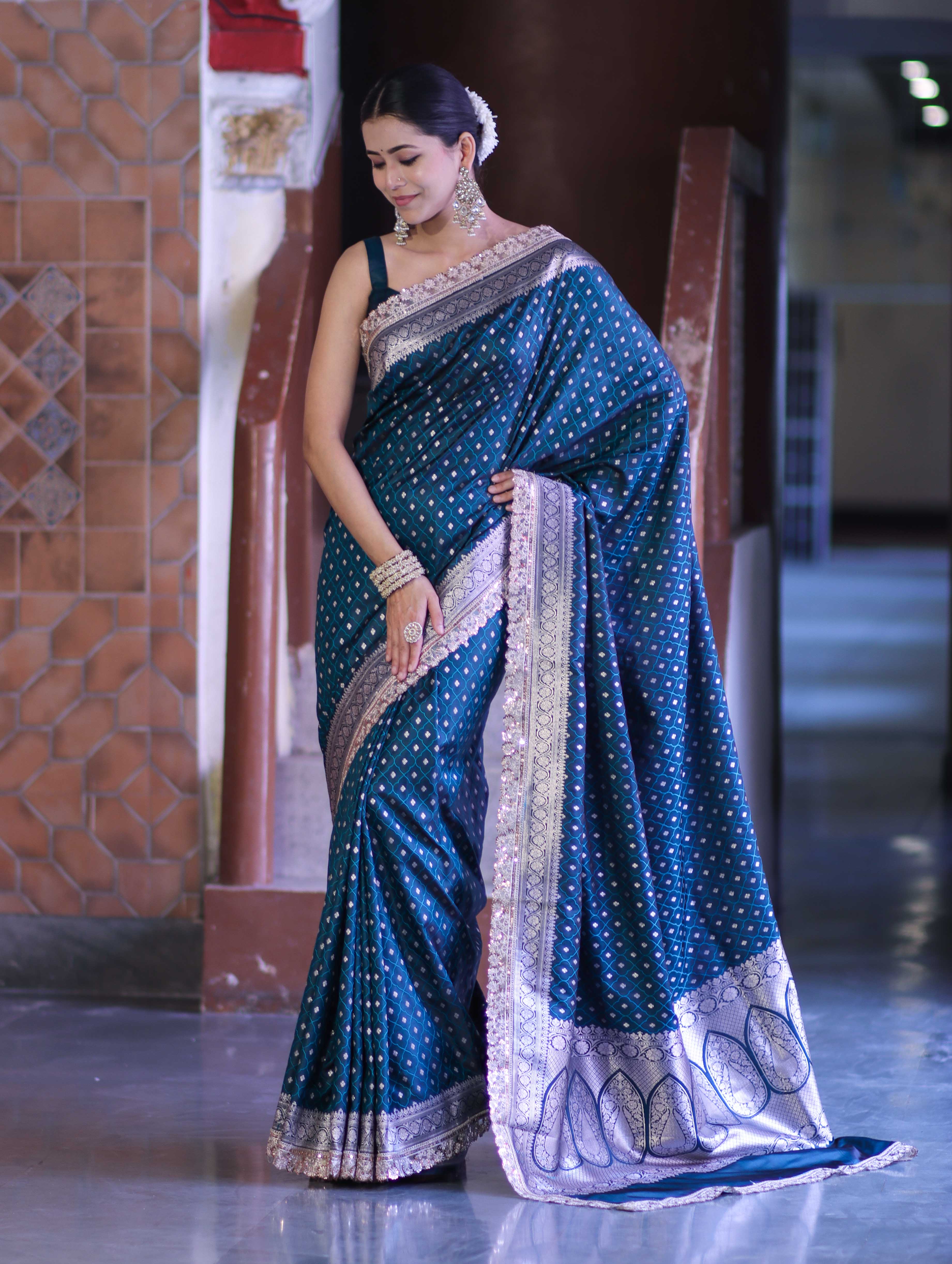 Banarasee Handloom Mashru Silk Saree With Zari Buti Design & Lace Border-Teal Green