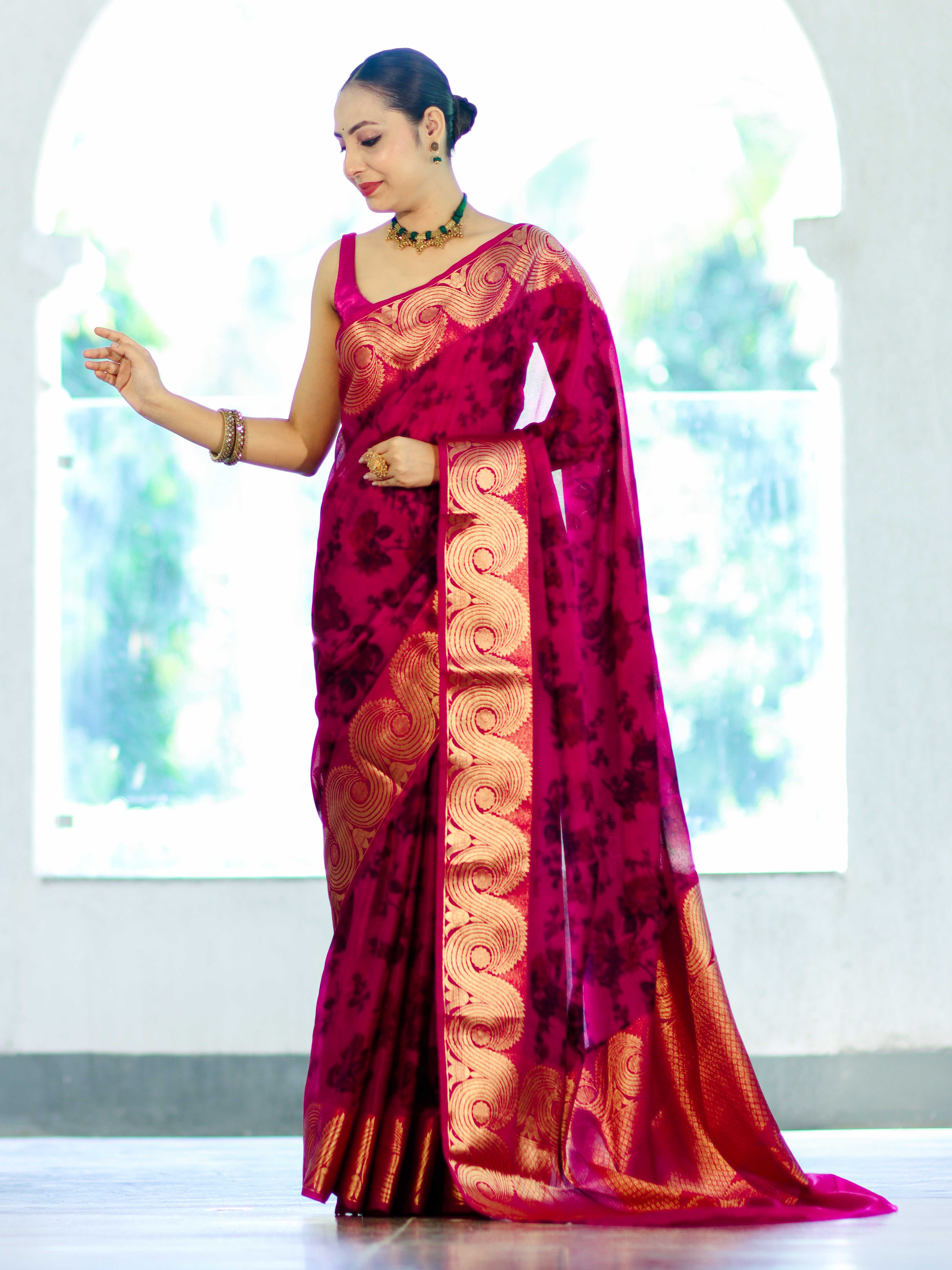 Banarasee Handloom Semi Silk Saree With Digital Printed Design & Zari Woven Border-Pink