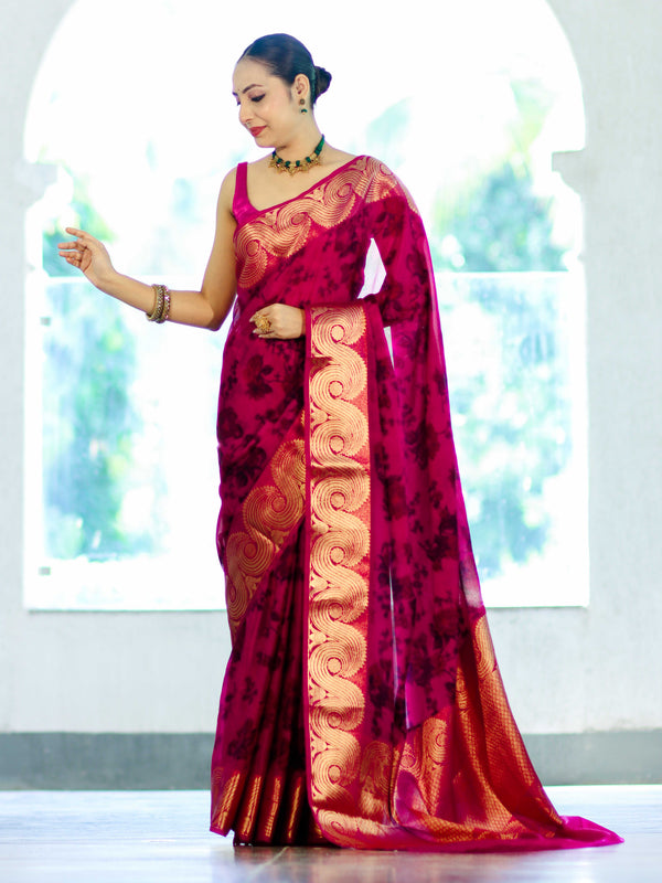 Banarasee Handloom Semi Silk Saree With Digital Printed Design & Zari Woven Border-Pink