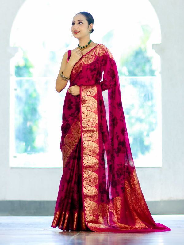 Banarasee Handloom Semi Silk Saree With Digital Printed Design & Zari Woven Border-Pink