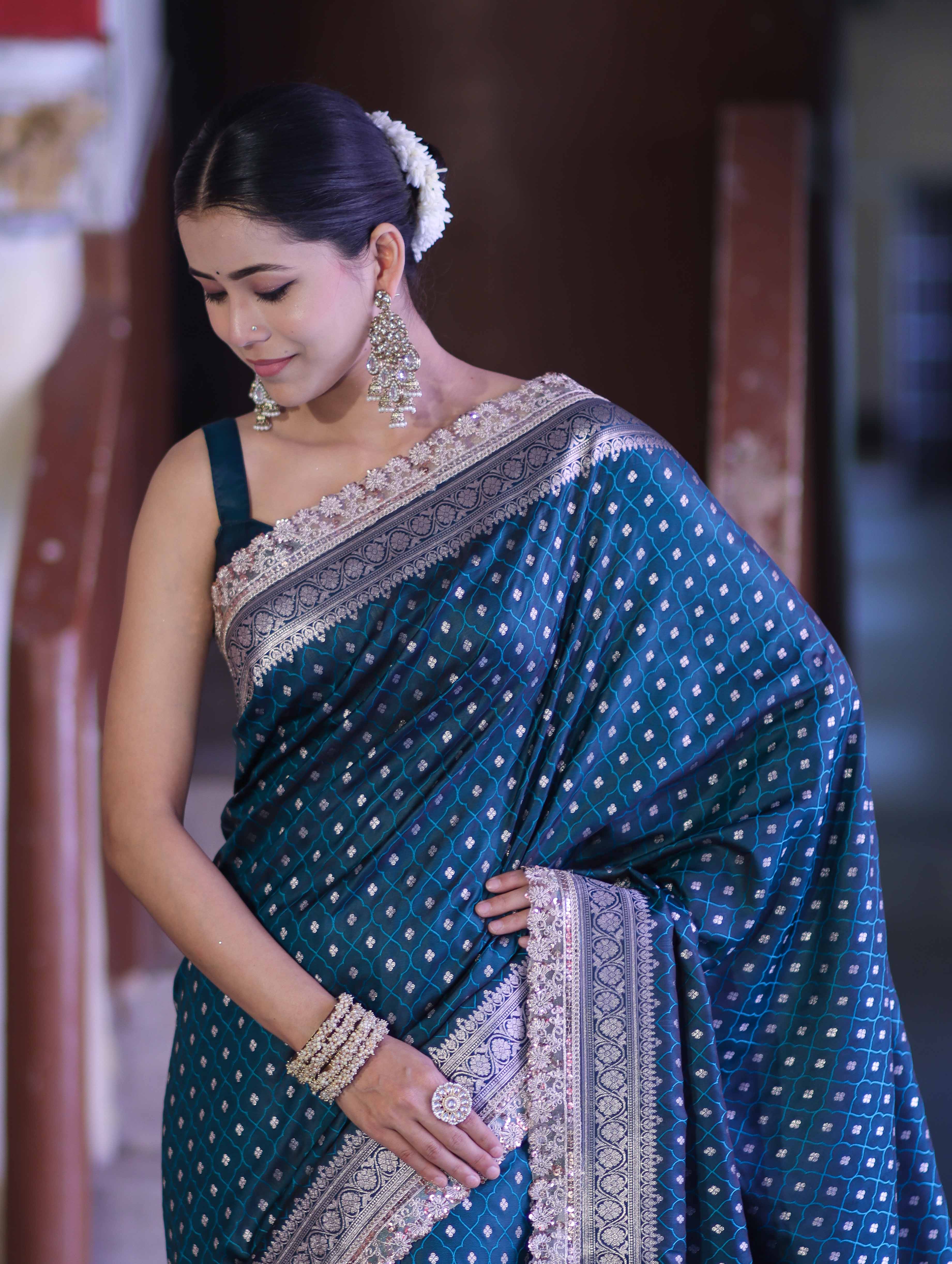 Banarasee Handloom Mashru Silk Saree With Zari Buti Design & Lace Border-Teal Green