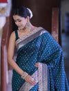 Banarasee Handloom Mashru Silk Saree With Zari Buti Design & Lace Border-Teal Green