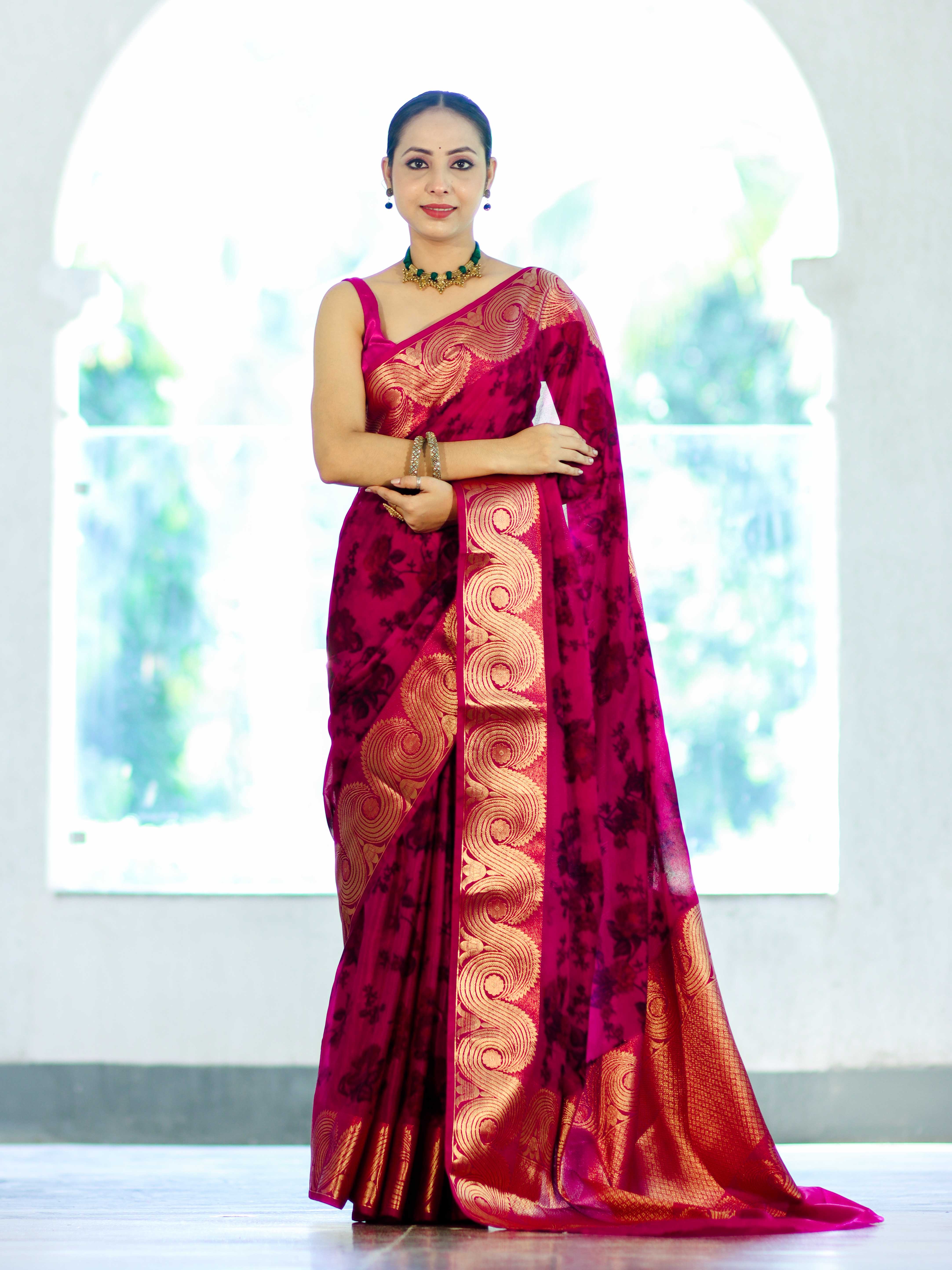 Banarasee Handloom Semi Silk Saree With Digital Printed Design & Zari Woven Border-Pink