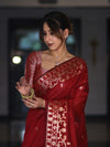 Banarasee Handloom Cotton Silk Saree With Zari Buti Deign & Geometric Border-Maroon