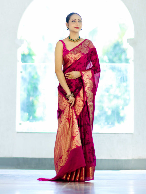 Banarasee Handloom Semi Silk Saree With Digital Printed Design & Zari Woven Border-Pink