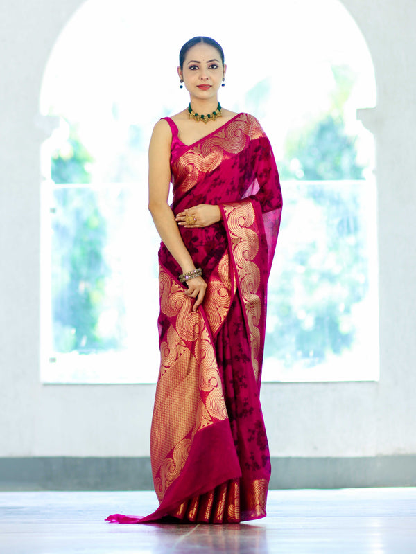 Banarasee Handloom Semi Silk Saree With Digital Printed Design & Zari Woven Border-Pink