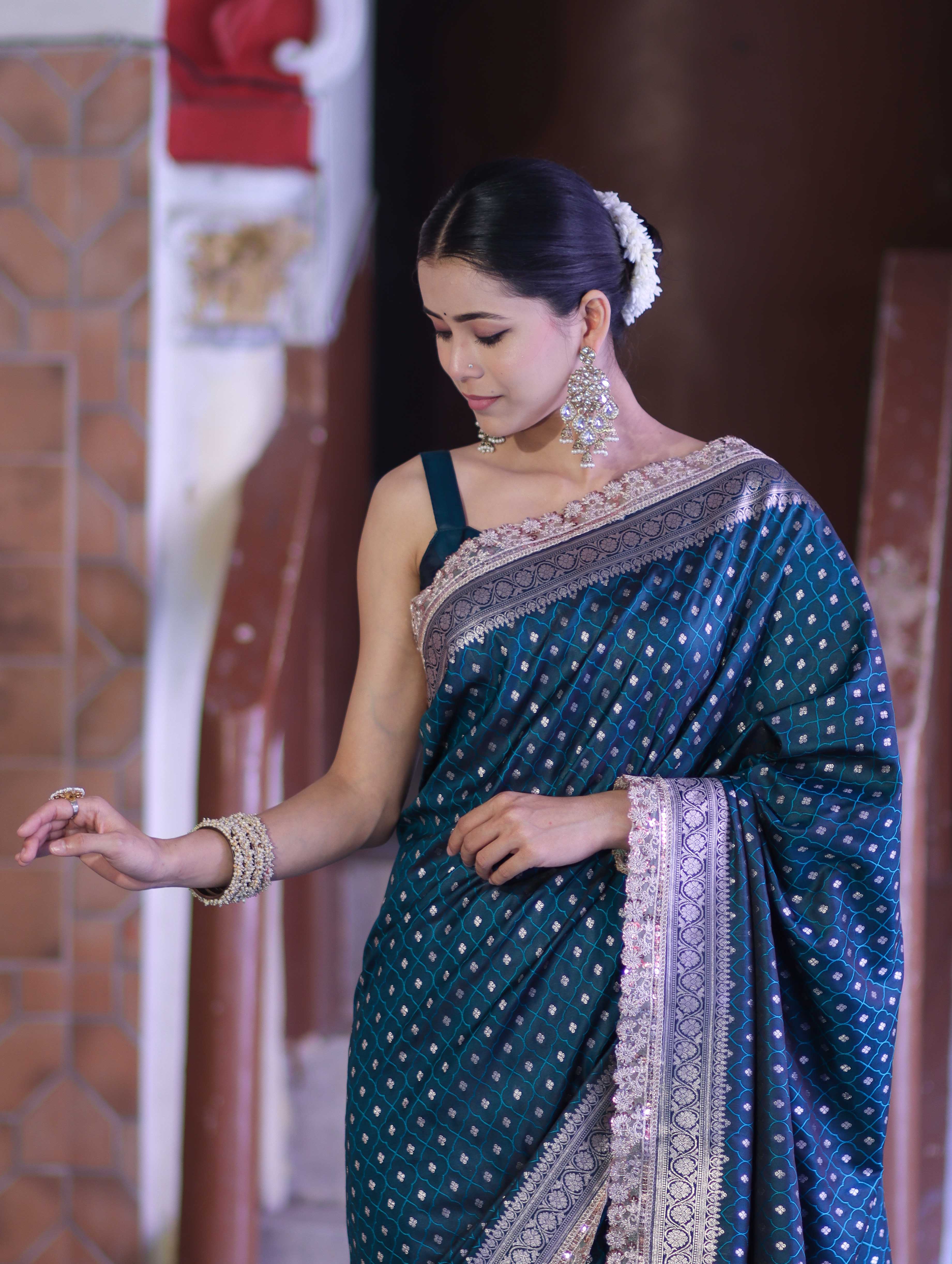 Banarasee Handloom Mashru Silk Saree With Zari Buti Design & Lace Border-Teal Green