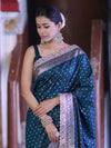 Banarasee Handloom Mashru Silk Saree With Zari Buti Design & Lace Border-Teal Green