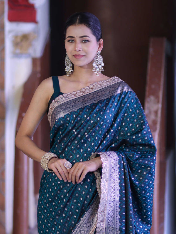 Banarasee Handloom Mashru Silk Saree With Zari Buti Design & Lace Border-Teal Green