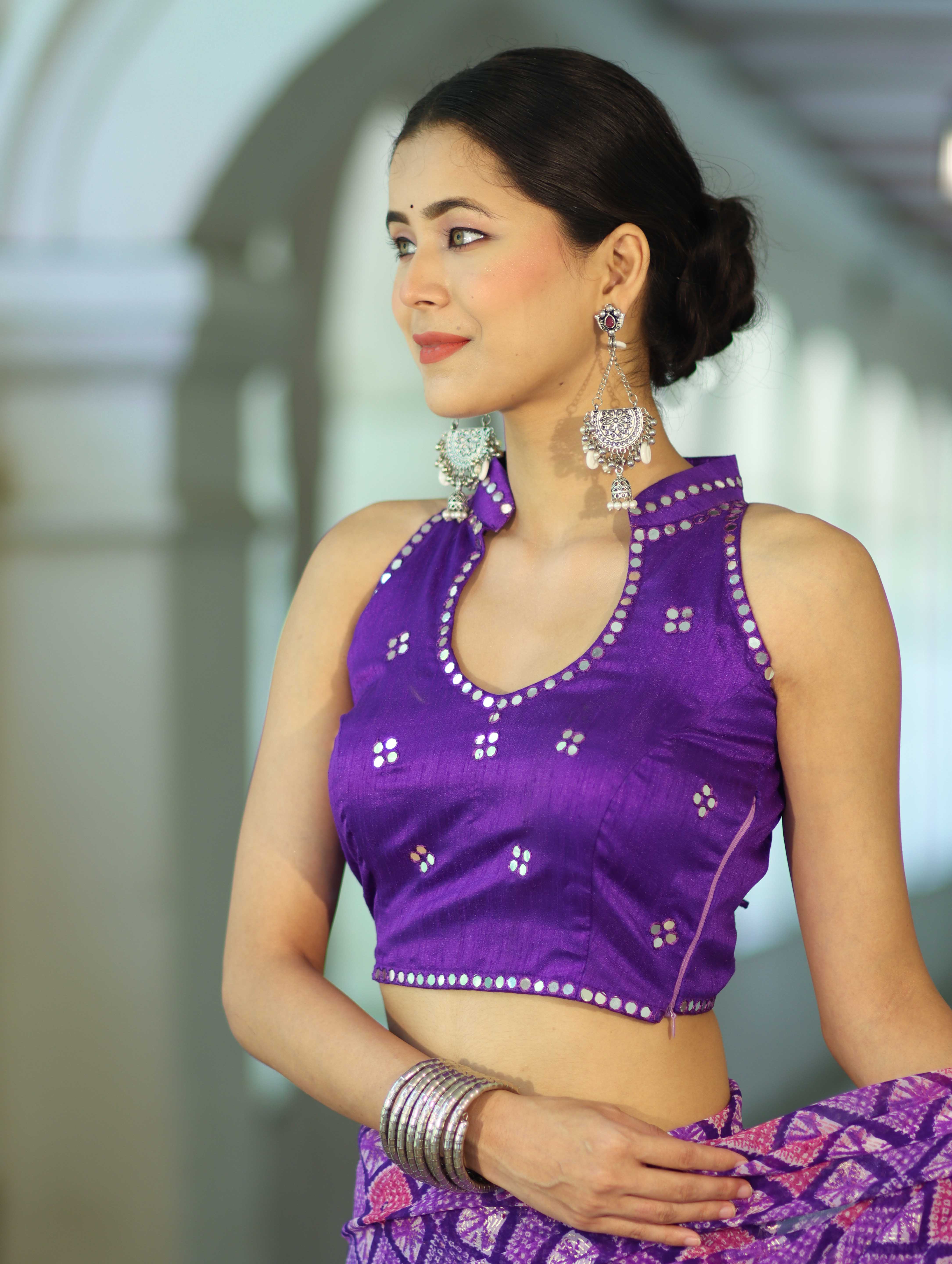 Banarasee Art Silk Fabric Hand Embroidered Mirror Work Blouse-Violet