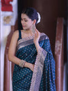 Banarasee Handloom Mashru Silk Saree With Zari Buti Design & Lace Border-Teal Green