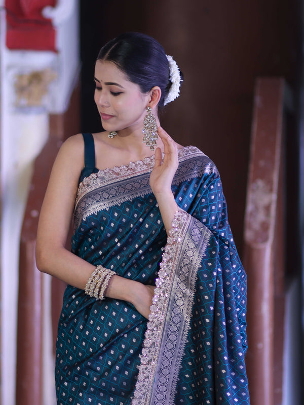 Banarasee Handloom Mashru Silk Saree With Zari Buti Design & Lace Border-Teal Green