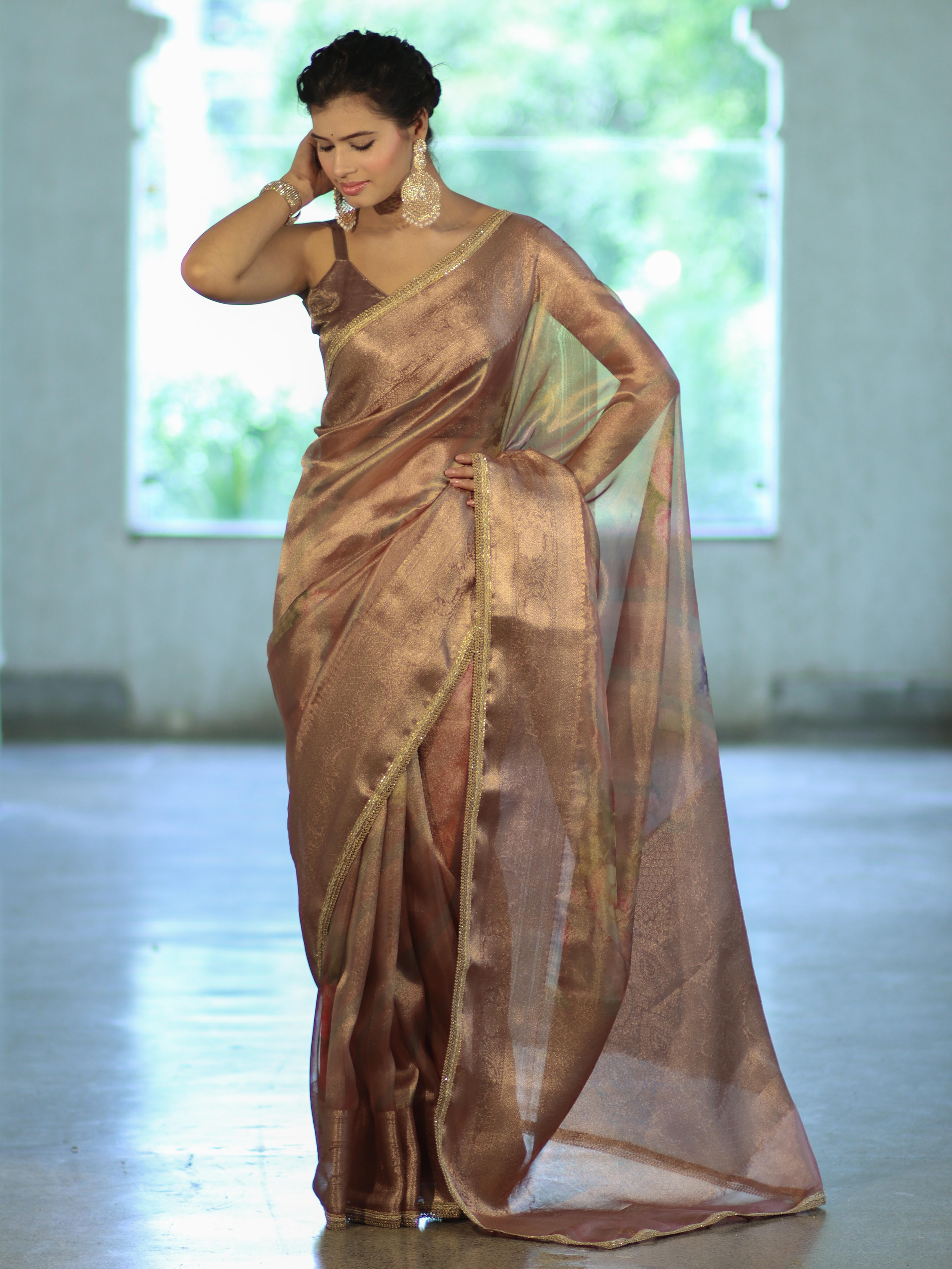 Banarasee Handwoven Tissue Saree With Digital Print & Lace-Mauve