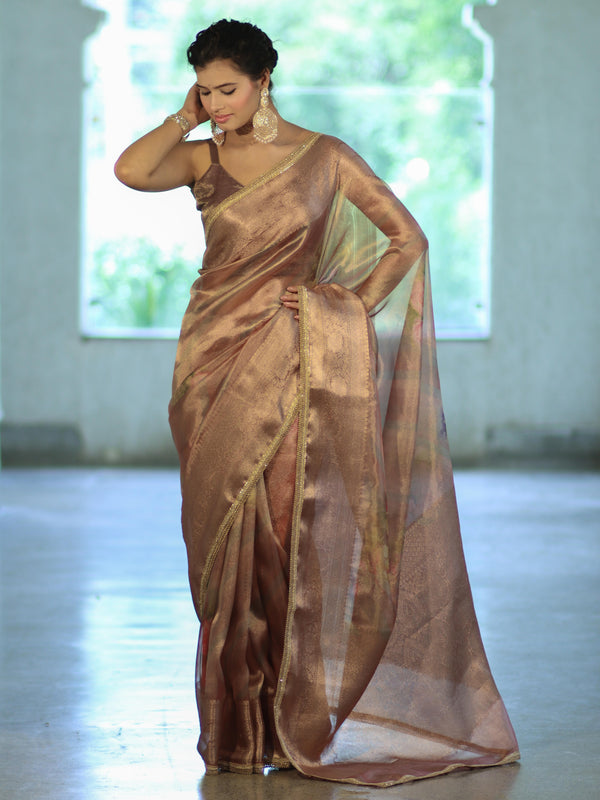 Banarasee Handwoven Tissue Saree With Digital Print & Lace-Mauve
