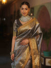 Banarasee Handwoven Plain Tissue Saree With Zari Border & Lace-Grey