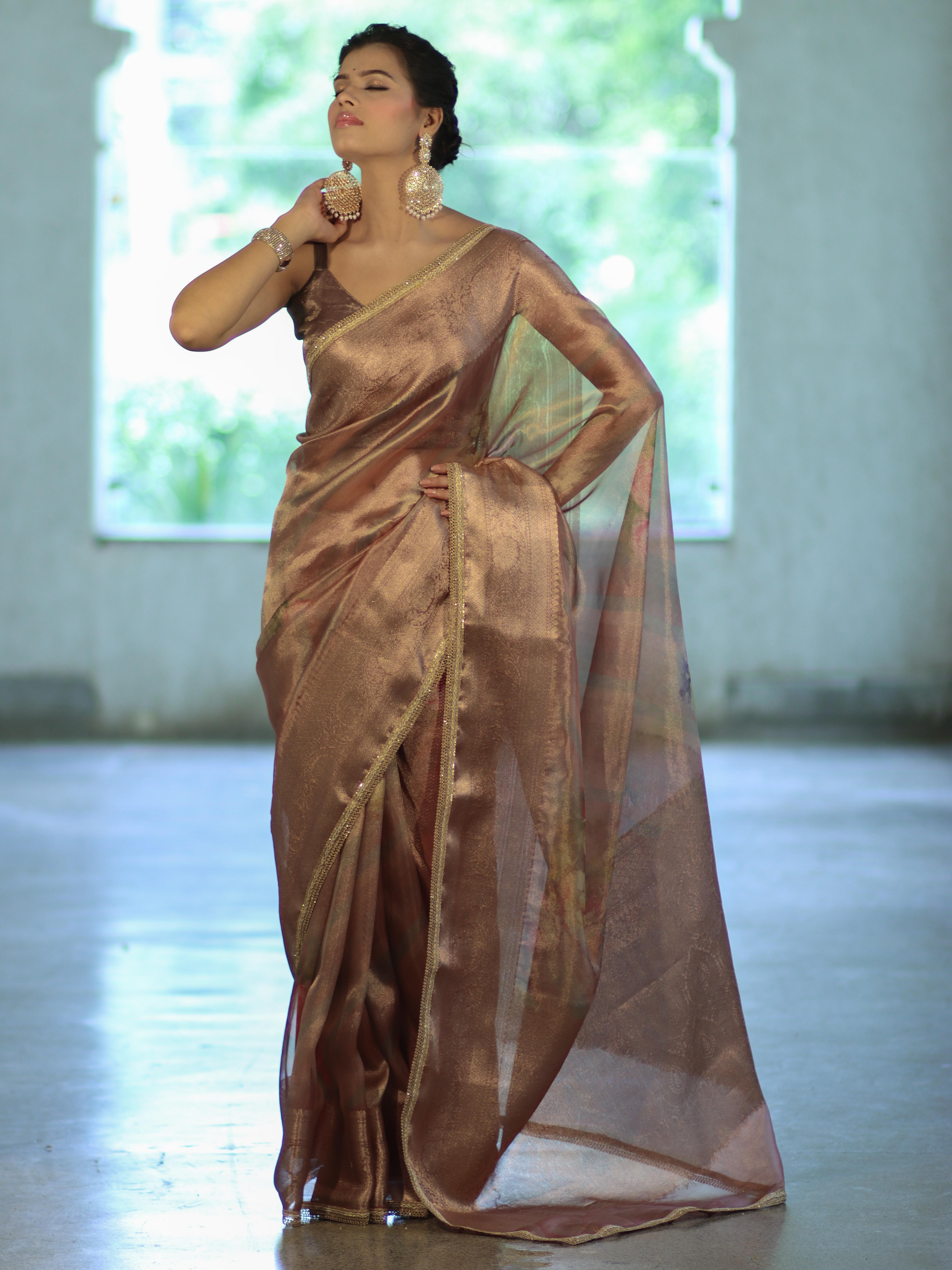 Banarasee Handwoven Tissue Saree With Digital Print & Lace-Mauve