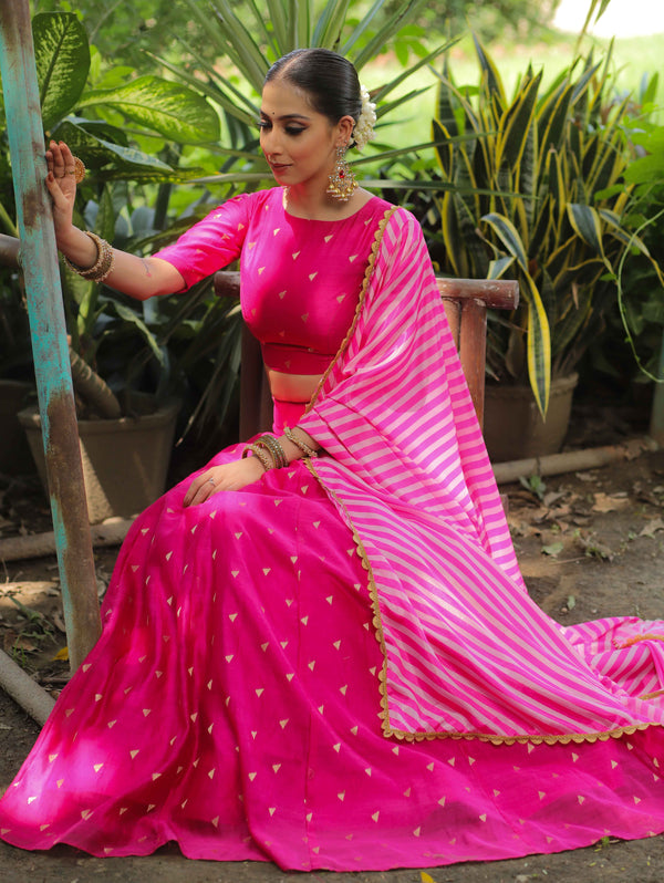 Banarasee Chanderi Silk Lehenga & Blouse With Crepe Silk Dupatta-Pink