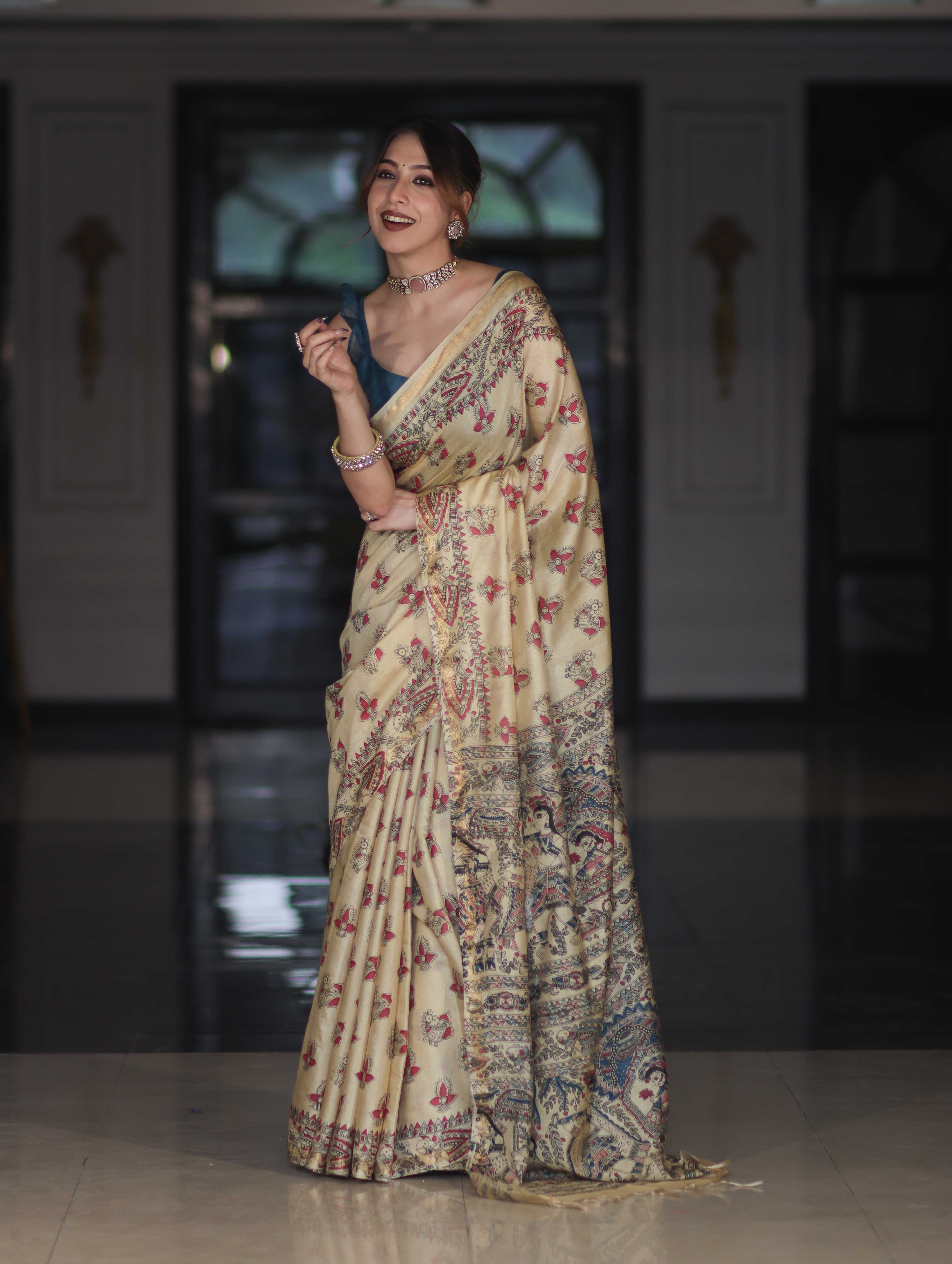 Bhagalpur Cotton Silk Ghichha Work Saree With Madhubani Print-Light Yellow