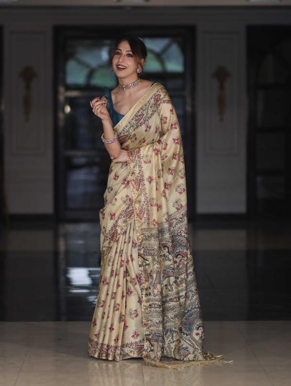 Bhagalpur Cotton Silk Ghichha Work Saree With Madhubani Print-Light Yellow