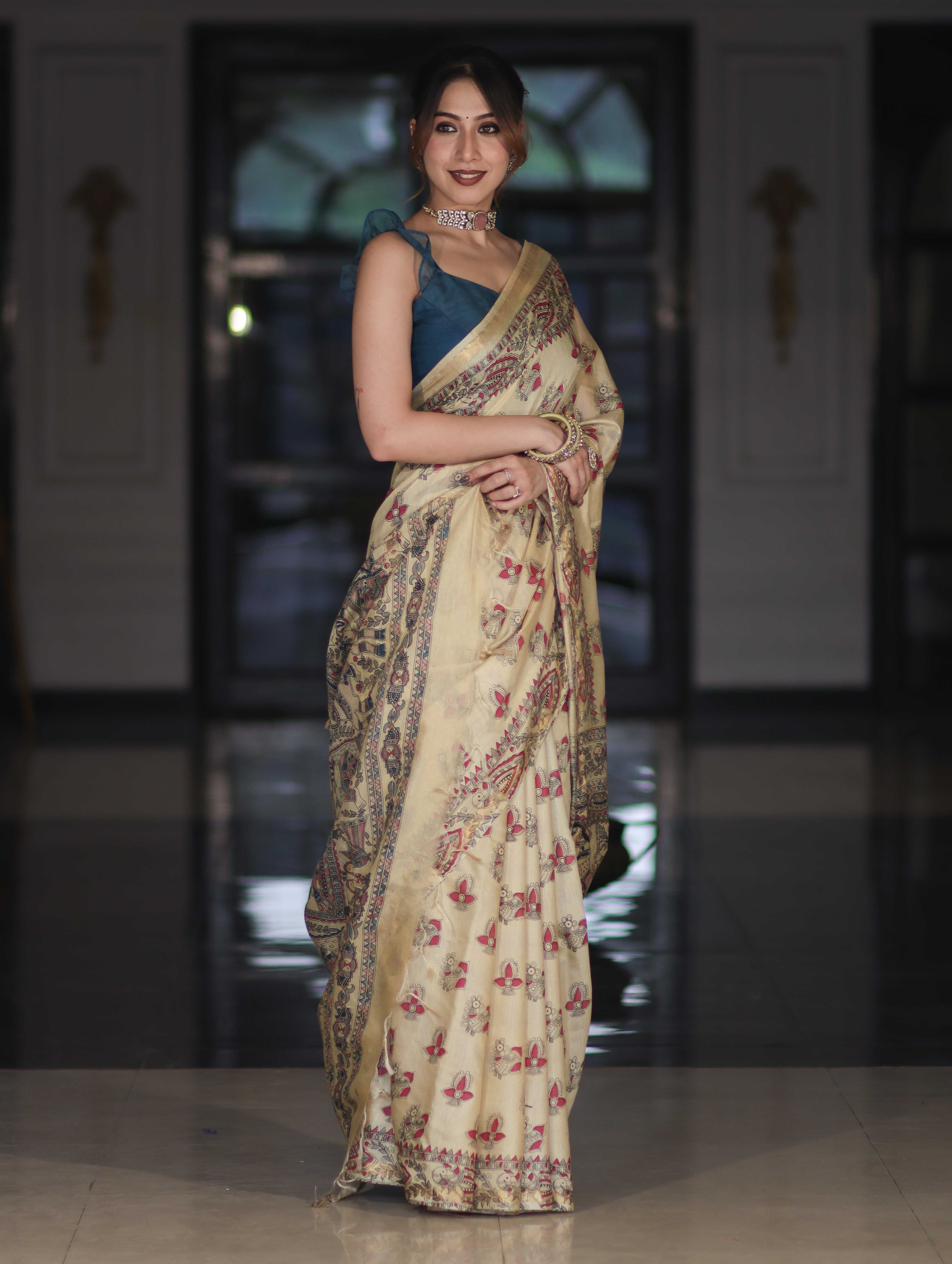 Bhagalpur Cotton Silk Ghichha Work Saree With Madhubani Print-Light Yellow
